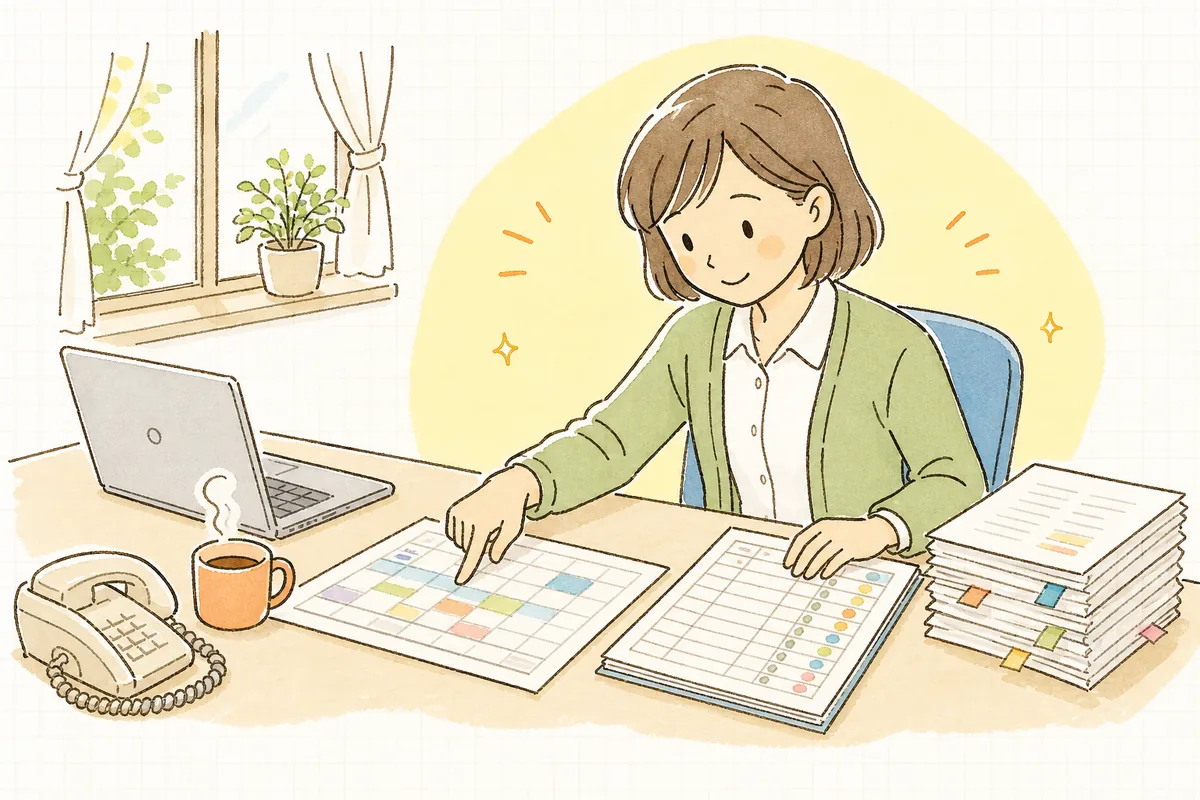 事務室でサービス担当者会議の日程表と出席者名簿を広げ、参加者の予定を一つずつ確認していく介護事業所の事務担当者