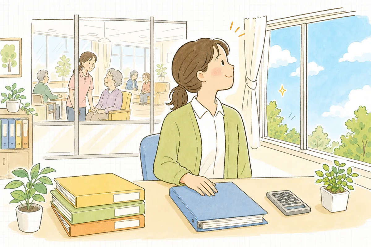 今月の利用人数の集計を終えて、明るい窓辺で肩の力を抜いて穏やかにほほえんでいる介護事業所の事務担当者