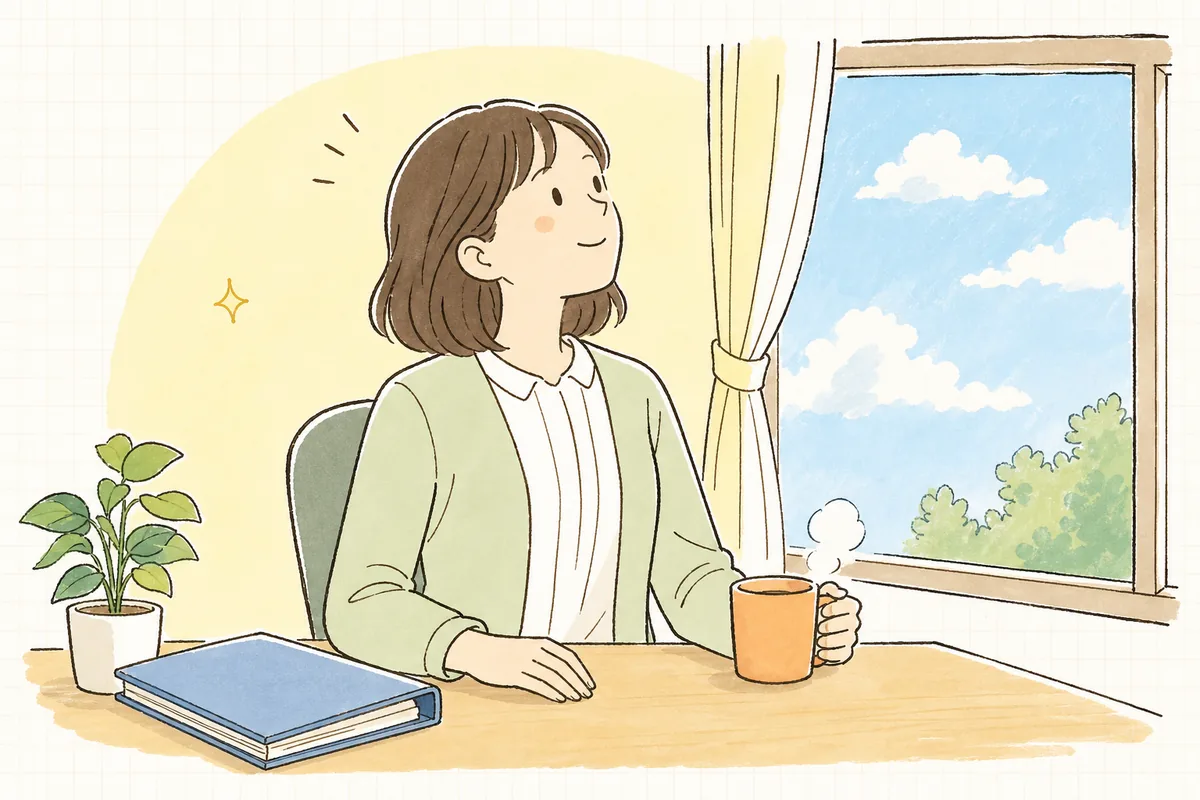加算の要件確認を終え、片づいた事務机で窓の外の明るい空を見てほっと一息ついている介護事業所の事務担当者