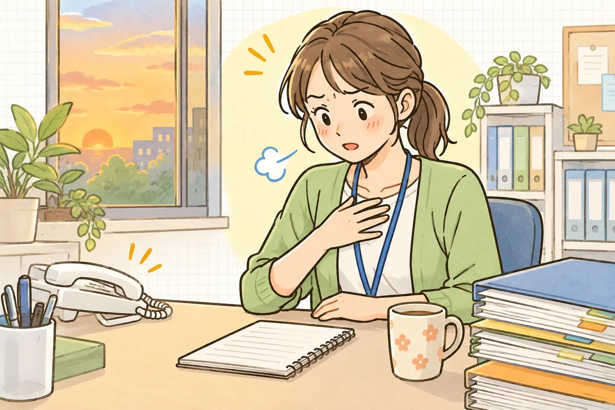 事務所のデスクで受話器を置いたあと、手元のメモを見つめながら深呼吸して気持ちを整えようとしている介護事業所の事務担当者