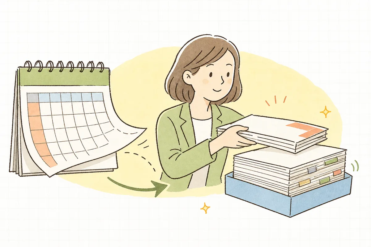 締め日を過ぎて出せなかった先月分の請求書を、翌月の請求の束にのせて遅れて提出しようとしている、月遅れ請求を表したイラスト