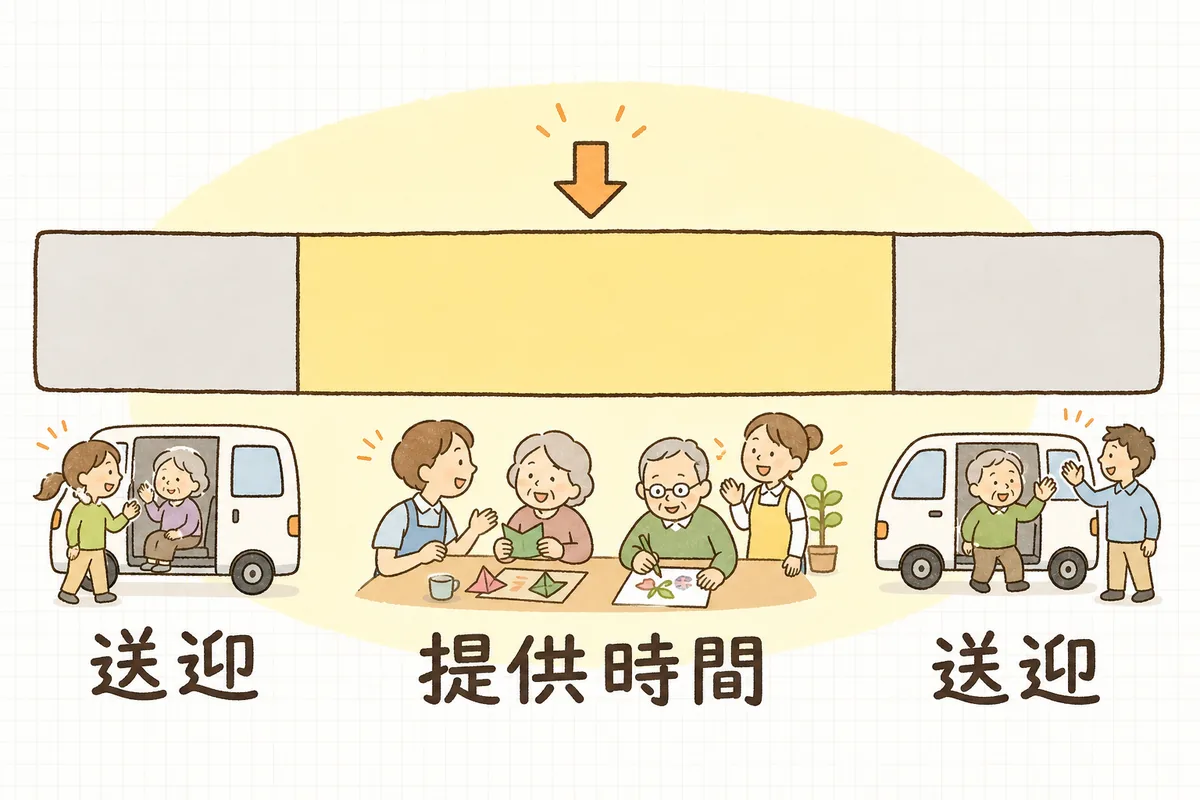 一日の流れのうち、送迎の時間は時間区分に含めず、事業所での提供時間だけが区分の対象になることを示した帯状の図