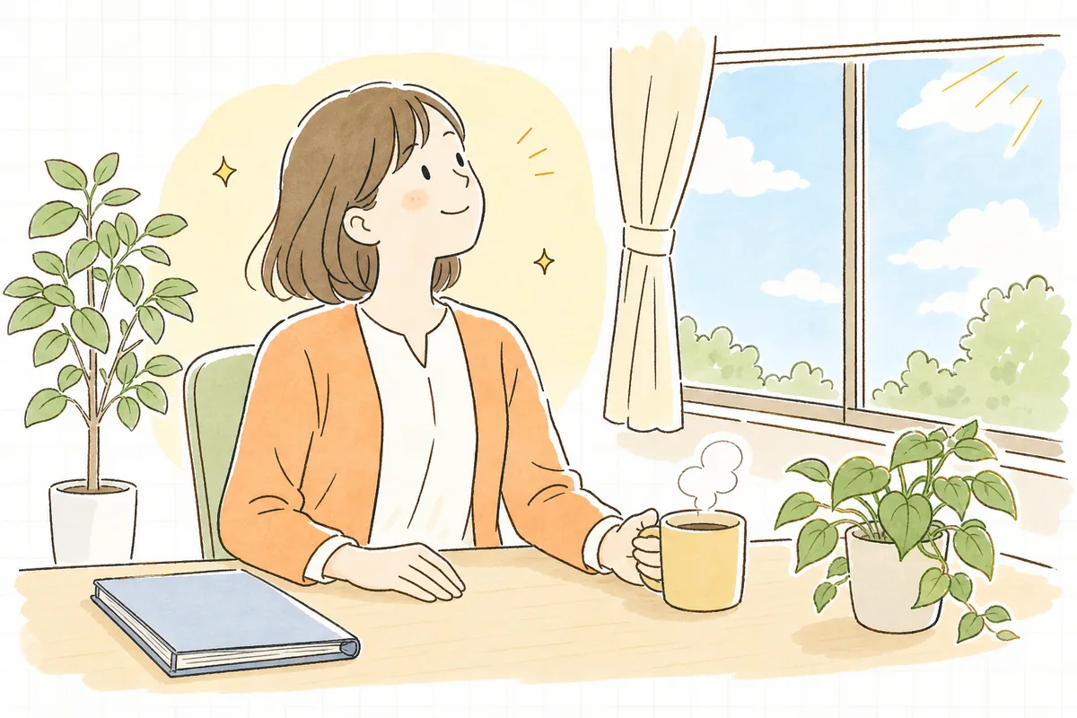 通所介護の区分の確認を終え、片づいた事務机で窓の外の明るい空を見てほっと一息つく介護事業所の事務担当者