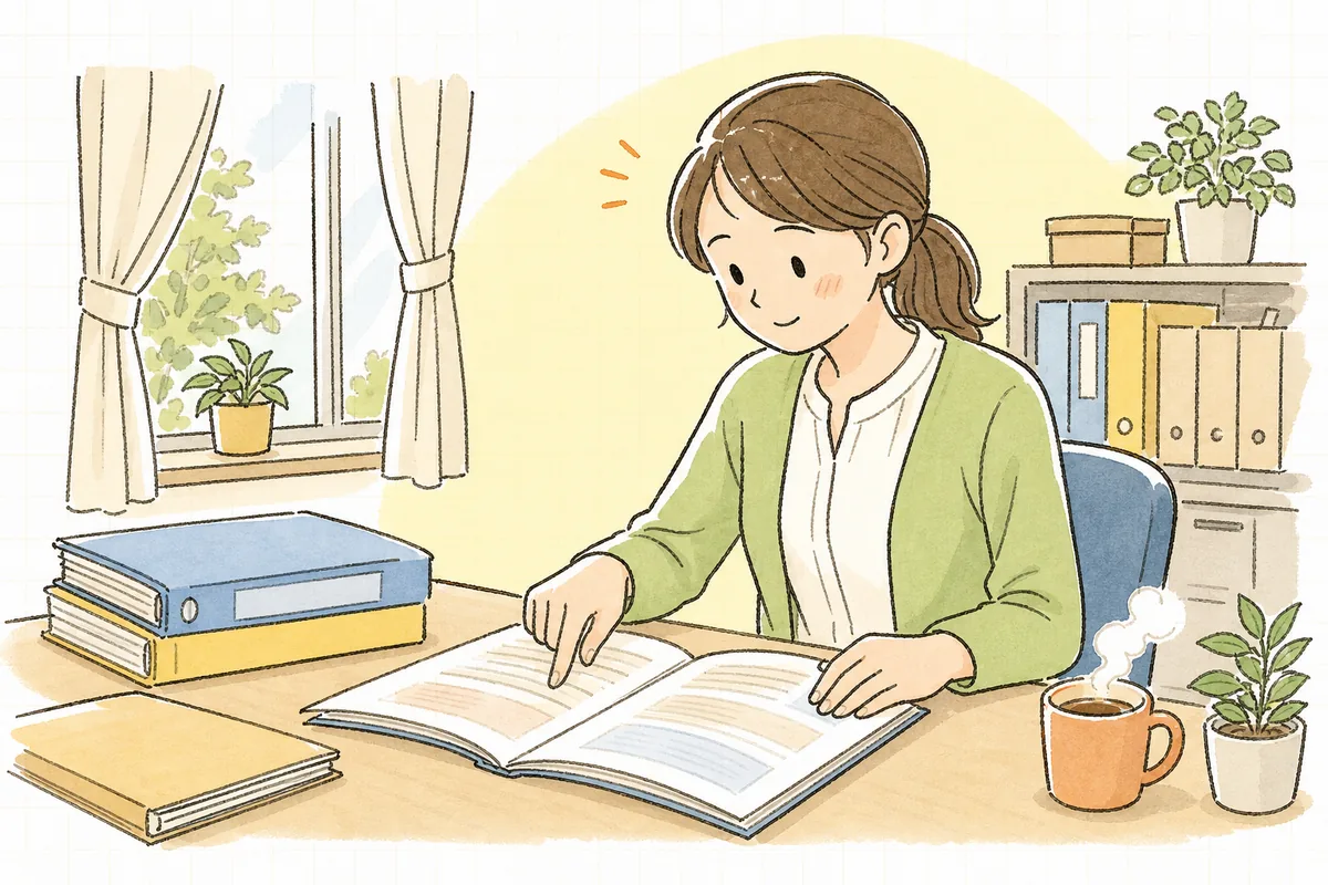 事務室の机で運営規程の書類を開き、記載項目を一つずつ確認している介護事業所の事務担当者