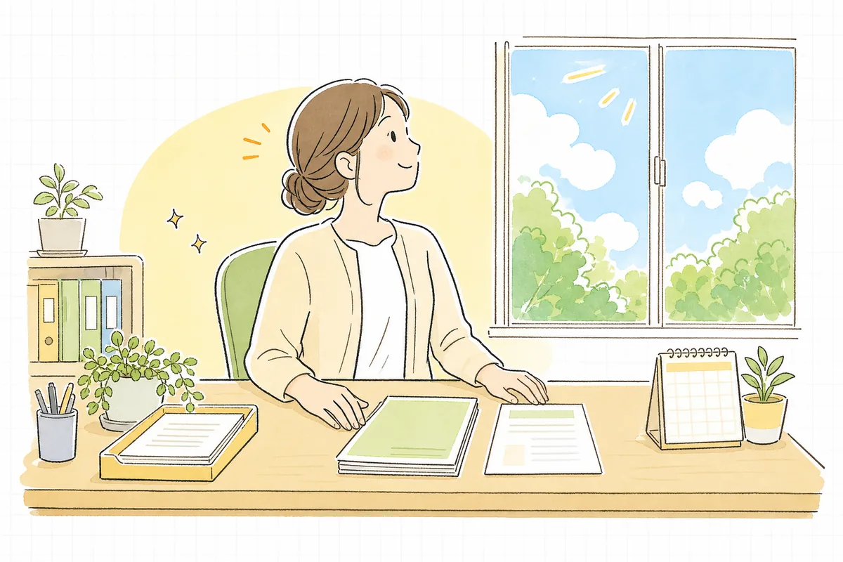 整えた運営規程と変更届の書類をそろえ終え、肩の力を抜いて晴れた窓の外をやわらかく見つめる介護事業所の事務担当者