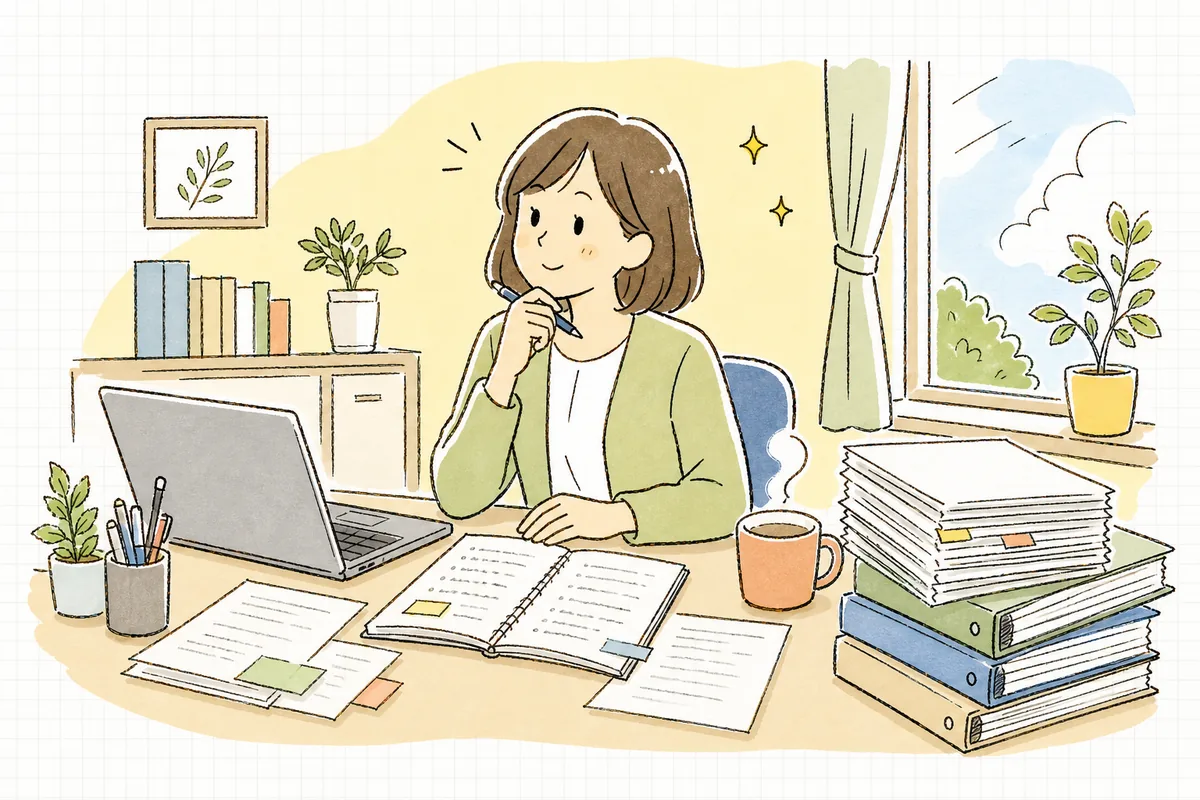 運営指導のヒアリングを控え、想定質問のメモを見ながら落ち着いて準備する介護事業所の事務担当者