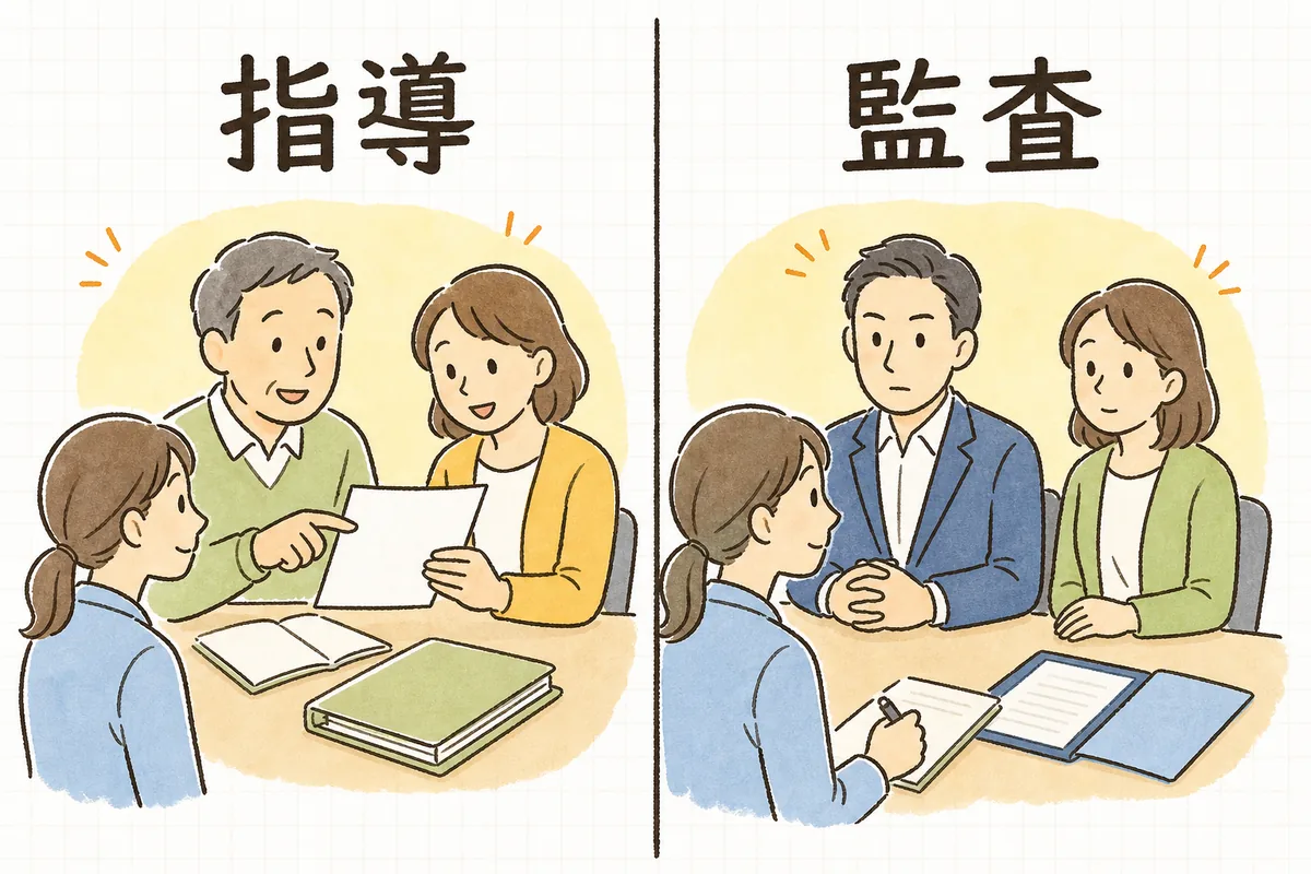 運営指導と監査の目的や入り方の違いを左右に並べてやさしく対比した図