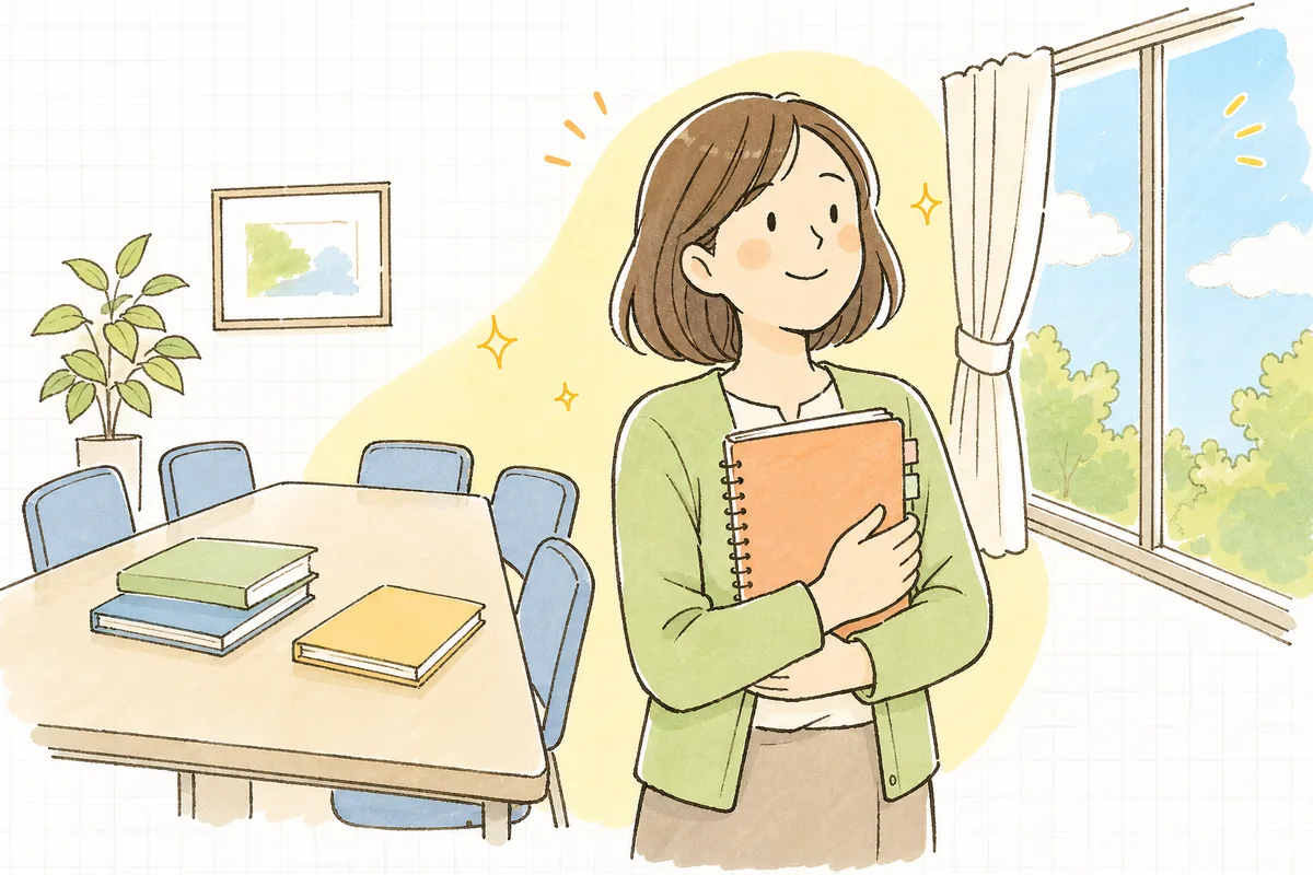運営指導を終えて資料を胸に抱え、明るい窓辺で肩の力を抜いてほっとほほえんでいる介護事業所の事務担当者