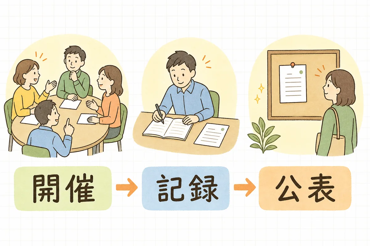 運営推進会議を開き、記録を作り、掲示して公表するまでの3つの段階を左から順に並べて示した図