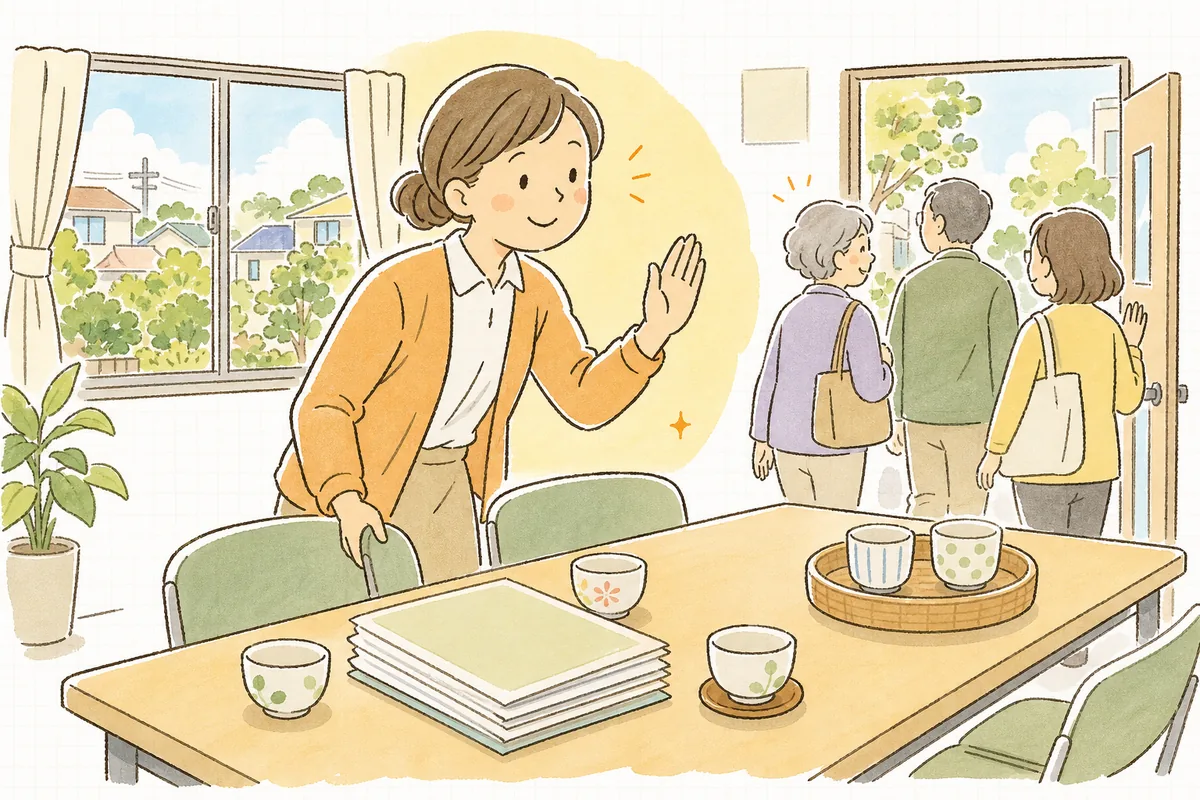 運営推進会議を終えたあとの明るい会議室で、片づけをしながら地域の参加者を笑顔で見送っている介護事業所の事務担当者