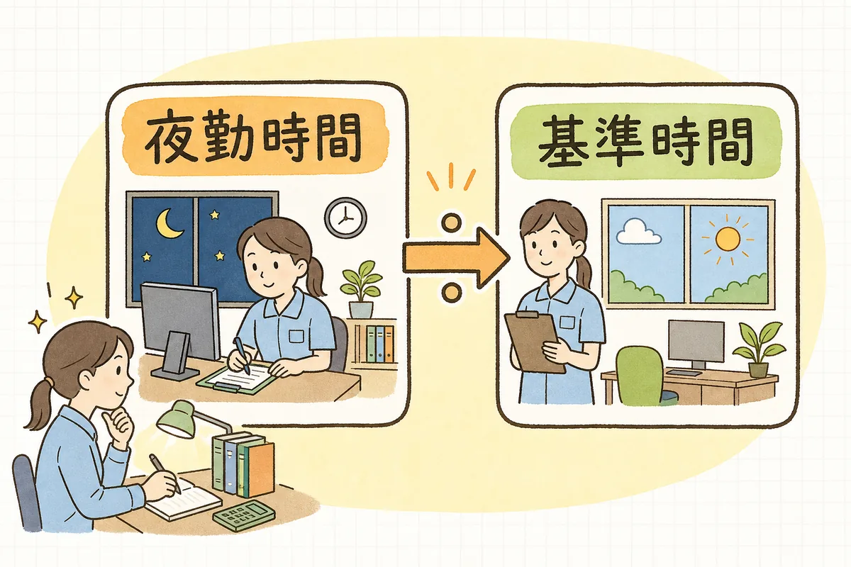 夜勤専従者は月の夜勤時間の合計を専従者の基準時間で割る、という数え方を示した図