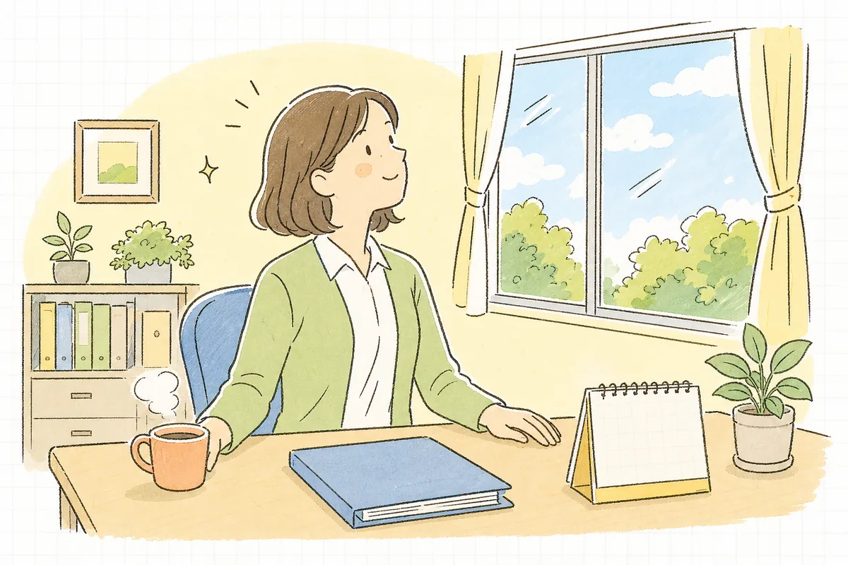 認定の満了日を書き込んだ一覧を閉じて、窓の外の明るい景色を眺めながらやわらかく微笑む介護事業所の事務担当者