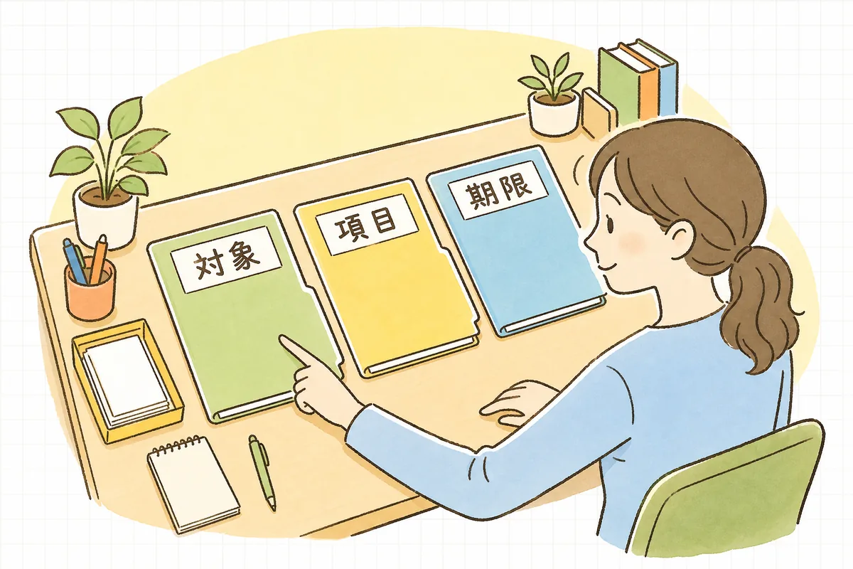 対象確認・報告項目・提出期限の3つを、ひとつずつ確かめながら準備を進める介護事業所の事務担当者