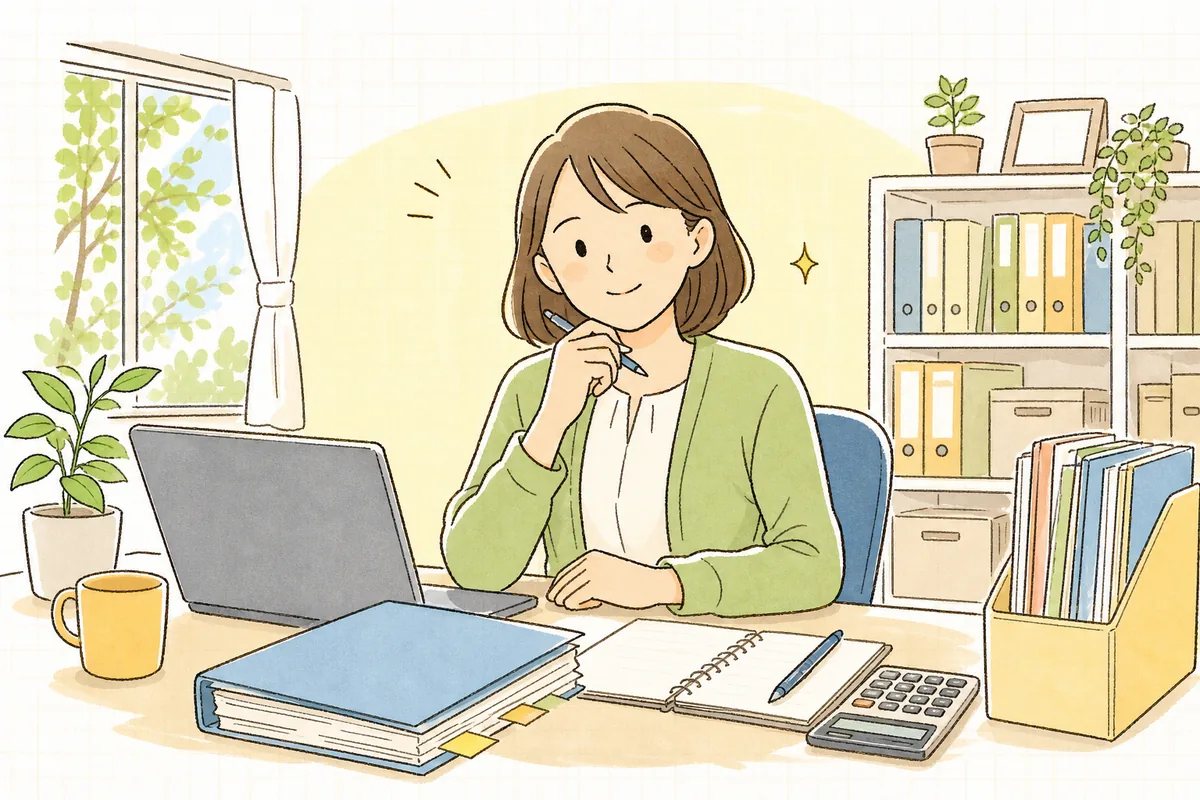 決算に関する書類とパソコンを前に、経営情報の報告に落ち着いて向き合う介護事業所の事務担当者