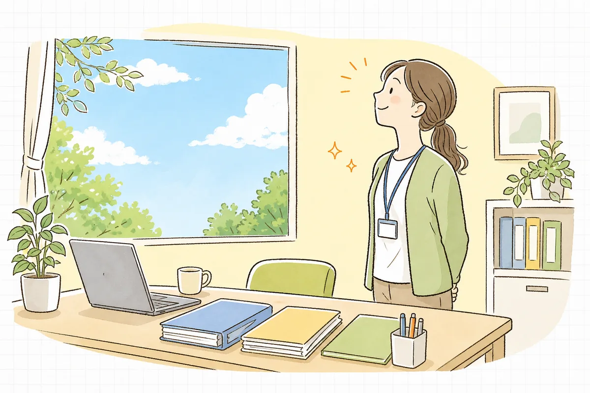 報告の準備を整え終えて片づいたデスクのそばで、窓の外の明るい空を見上げてほっとひと息つく介護事業所の事務担当者